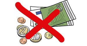 Grafik: Geldmünzen und Geldscheine in Euro-Währung mit einem roten Kreuz durchgestrichen